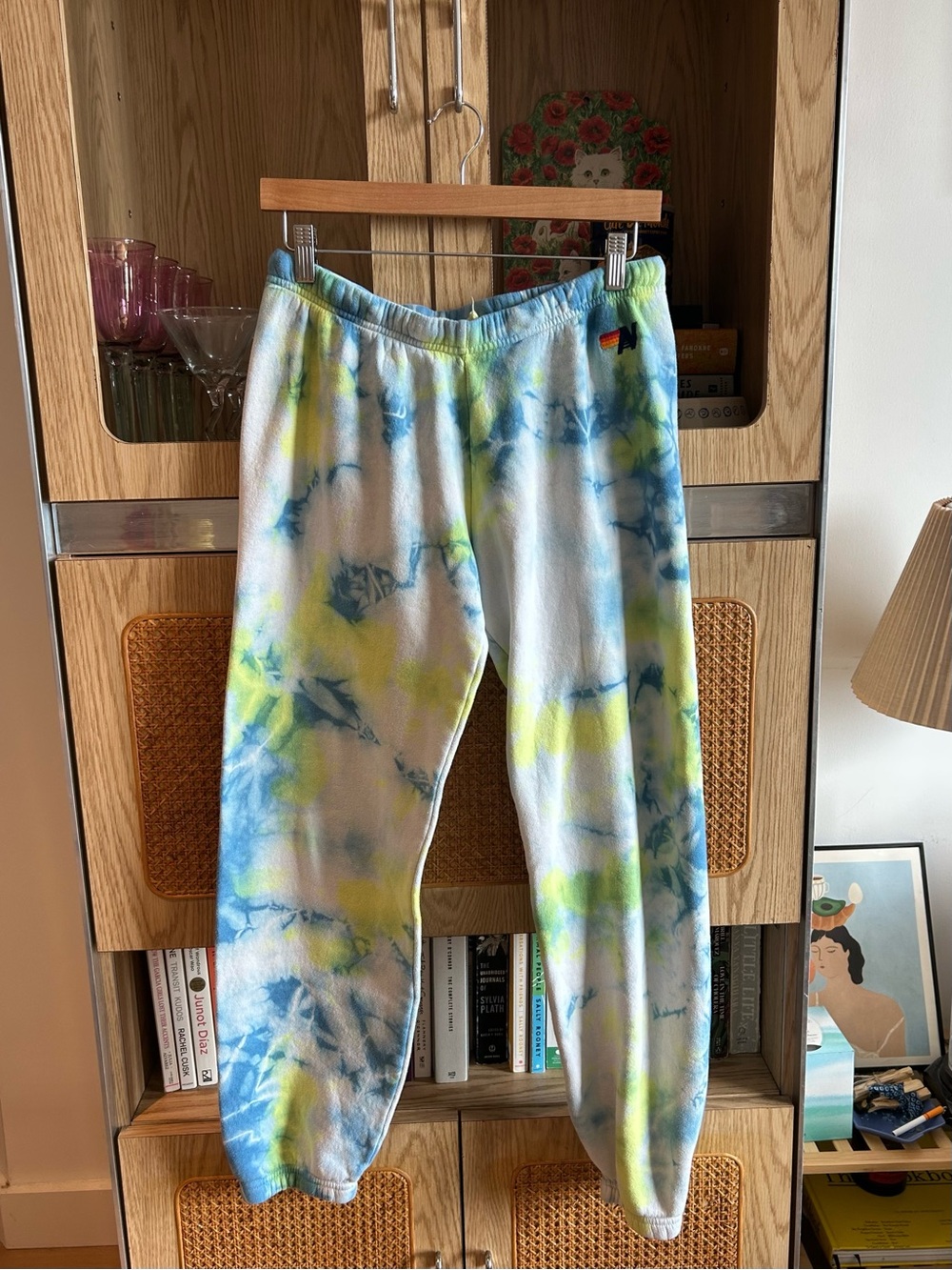 Aviator Nation Tie Dye Sweatpants Blue Neon Yellow Made in USA Size Large